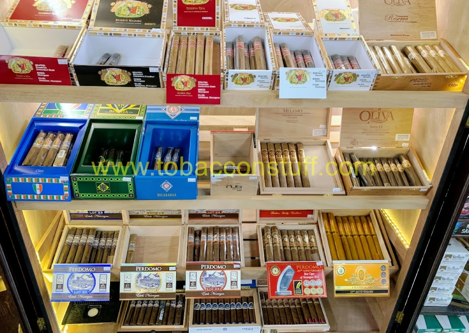 a display case with different types of cigars